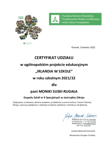 Certyfikat udziału w projekcie Monika Suska Rugała