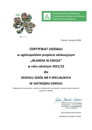 Certyfikat udziału w projekcie Zespół Szkół nr 9 Specjalnych Jastrzębie Zdrój